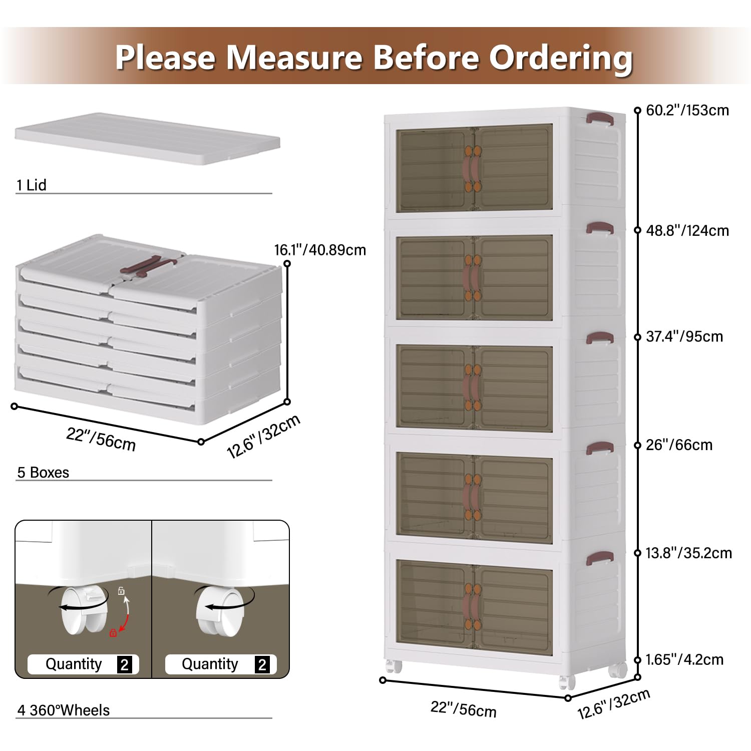 SIRIRIC Storage Bins with Lids- 5 Tiers 275Qt Plastic Collapsible Storage Bins, Closet Organizers and Storage, Folding Storage Box with Wheels, Large Stackable Storage Bins with Front Door