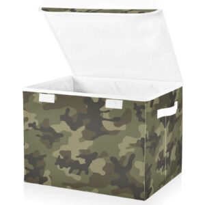 Joisal Army Camouflage Pattern Green Storage Bin with Lid Fabric Foldable Storage Boxes for Clothes with Handles