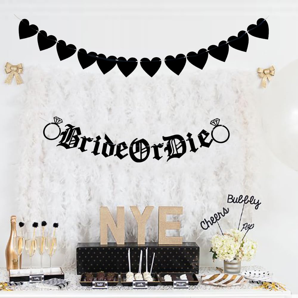 BRIDE OR DIE Banner,Black letters Bachelorette Party Decor Banner,Old English Gothic BRIDE OR DIE banner,Goth Bachelorette Party,Funny Wedding Engagement/Brial Shower Party Decorations