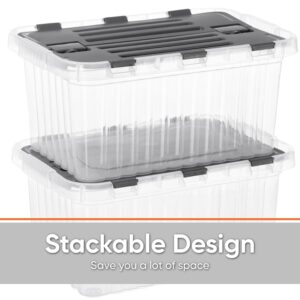 Superio Storage Box with Hinged Lids, Plastic Container Bins for Organizing with Attached Lid, Stackable Crates, BPA Free, Organizers for Home, Office, Dorm (Clear with Grey Lids, 15"x10"x7")