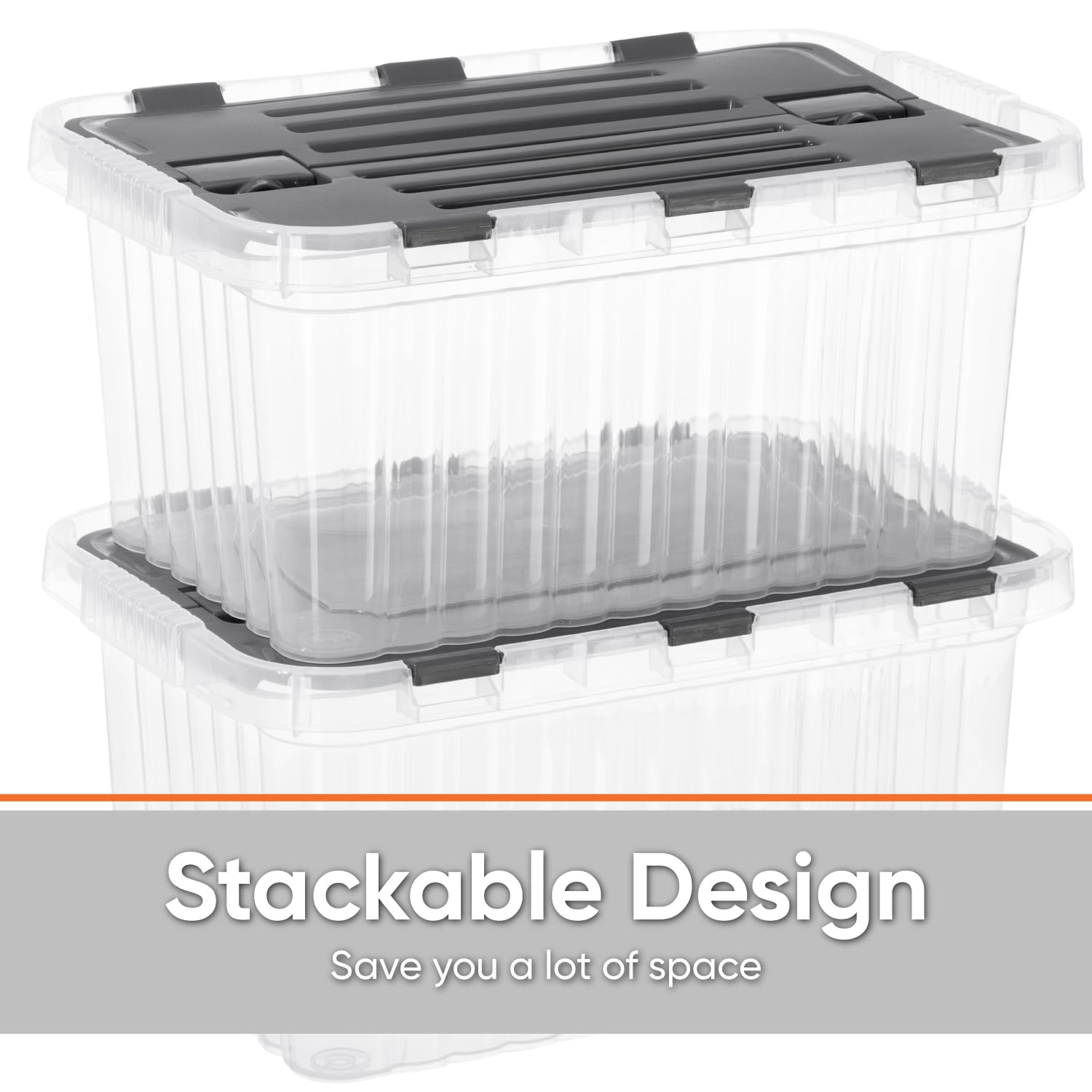 Superio Storage Box with Hinged Lids, Plastic Container Bins for Organizing with Attached Lid, Stackable Crates, BPA Free, Organizers for Home, Office, Dorm (Clear with Grey Lids, 15"x10"x7")