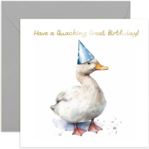 old english co. quacking great birthday card for her him - funny duck party hat birthday card for mum, dad, daughter, son - gold foil birthday card for women and men | blank inside with envelope