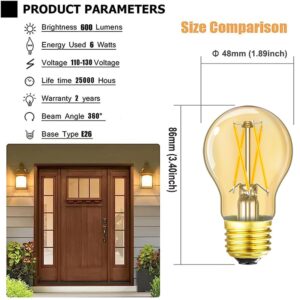 LEOOLS Dimmable E26 Amber led Bulb 6W Equal 60 watt Vintage LED Edison Bulb AC120V 2700K A15 LED Bulb for Ceiling Fan Light Bulbs,Refrigerator Light Bulb 600LM 6Pack