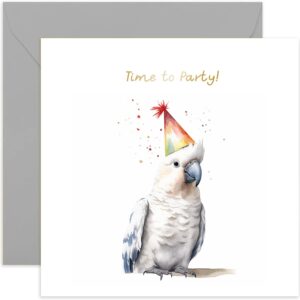 old english co. time to party birthday card for her - cockatoo parrot party hat birthday card for mum, dad, daughter, son - gold foil birthday card for women men | blank inside with envelope