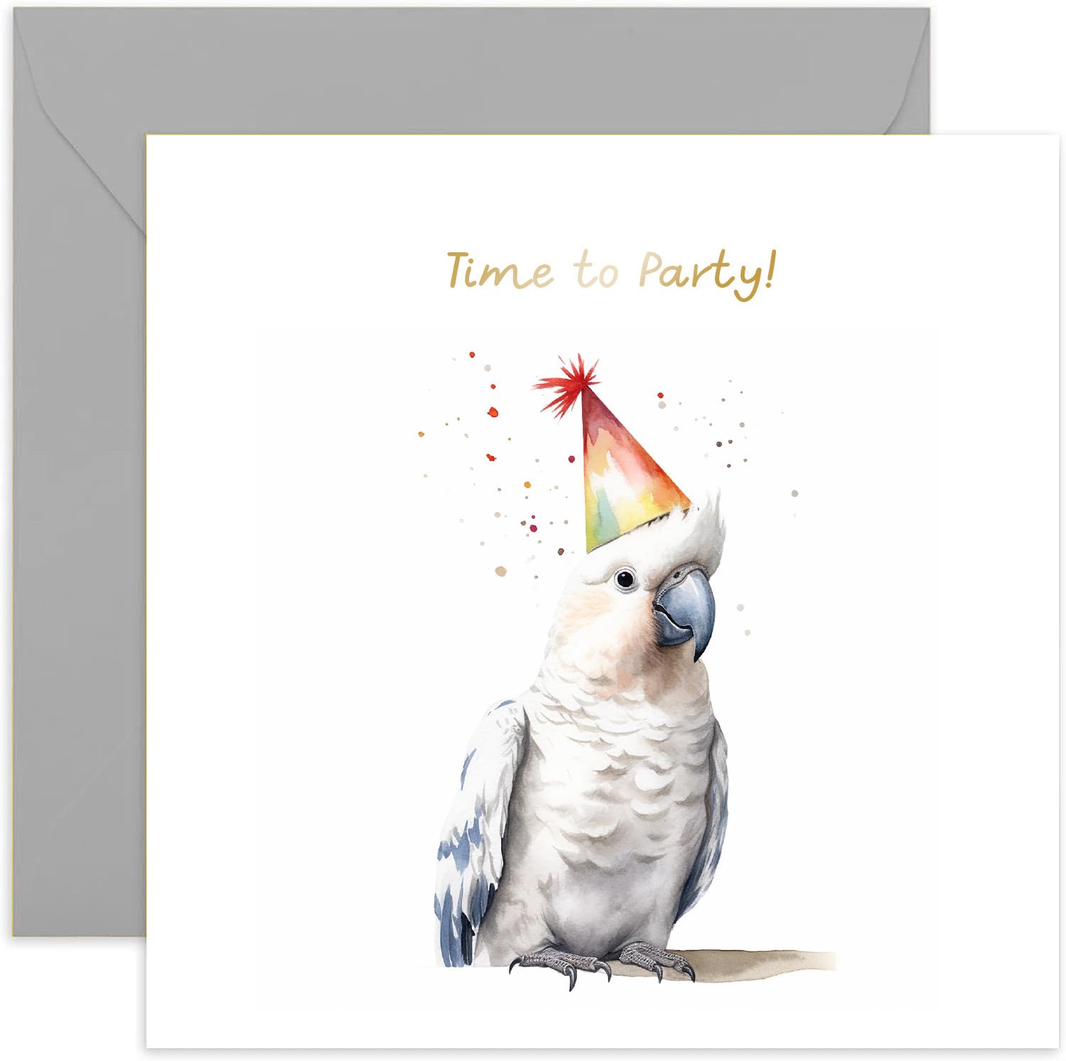 Old English Co. Time To Party Birthday Card for Her - Cockatoo Parrot Party Hat Birthday Card for Mum, Dad, Daughter, Son - Gold Foil Birthday Card for Women Men | Blank Inside with Envelope