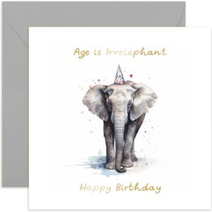 old english co. age is irrelephant birthday card for her - funny elephant party hat birthday card for mum, dad, nan - gold foil birthday card for women and men | blank inside with envelope