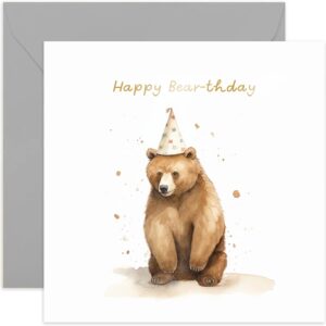 old english co. bear happy birthday card for her - fun bearparty hat birthday card for mum, dad, daughter, son - gold foil birthday card for women and men | blank inside with envelope