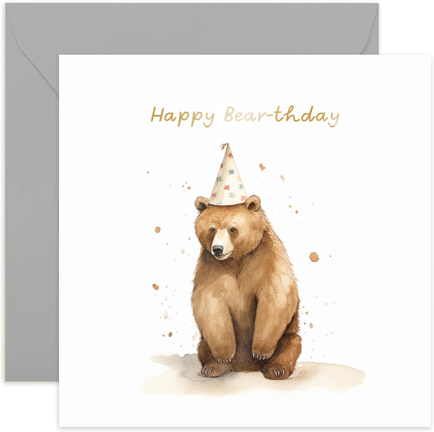 Old English Co. Bear Happy Birthday Card for Her - Fun BearParty Hat Birthday Card for Mum, Dad, Daughter, Son - Gold Foil Birthday Card for Women and Men | Blank Inside with Envelope