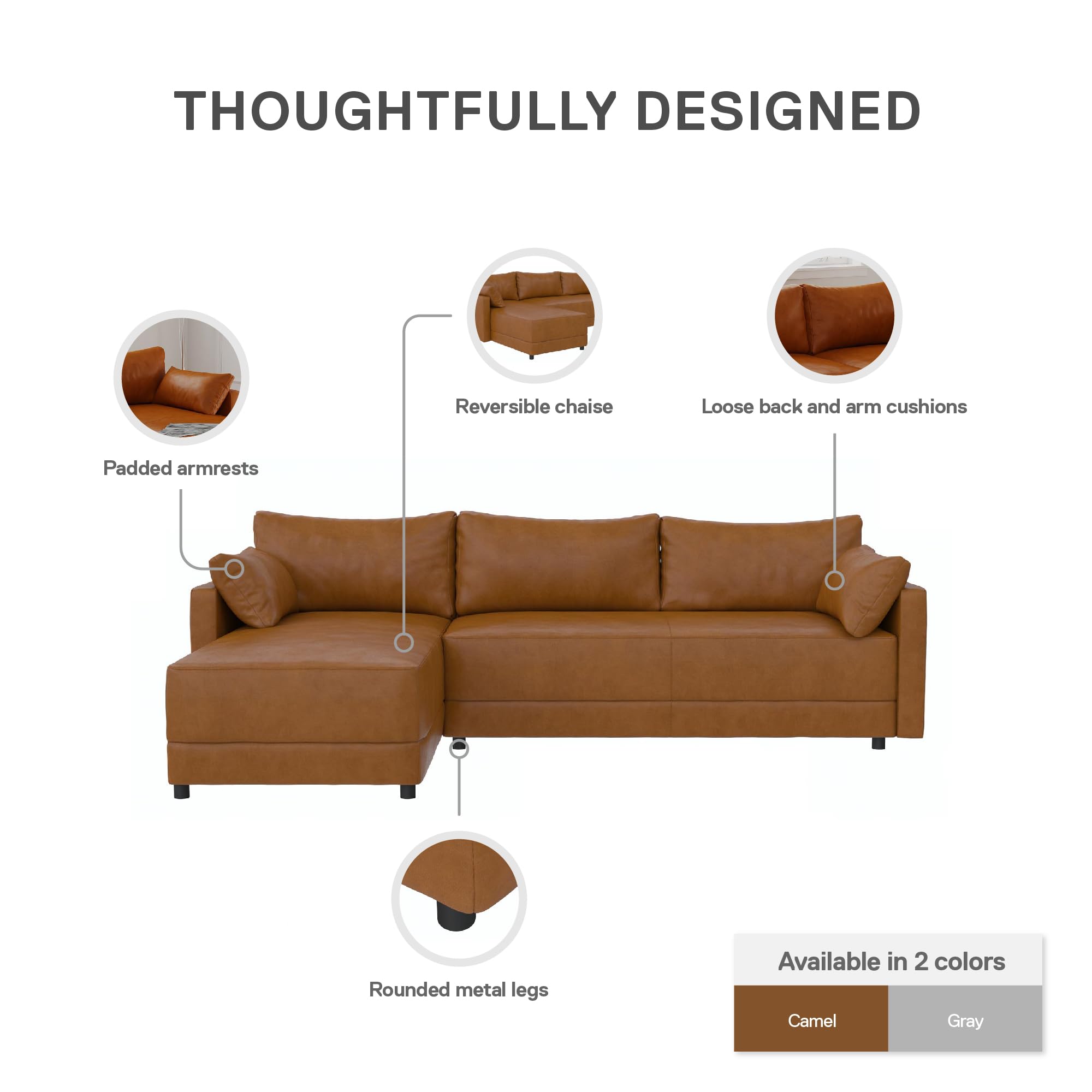 Dorel Living Kindra Deep Seat Sectional Sofa with Reversible Chaise​, Camel