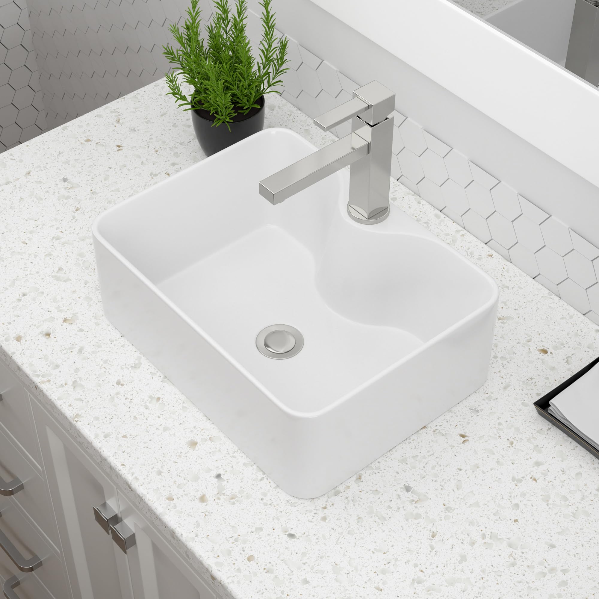 Vessel Sink Rectangular, Dcolora 16"x12" White Vessel Sink Ceramic Porcelain Rectangle Bathroom Vessel Sink Above Counter Vanity Sink Basin with Faucet Hole