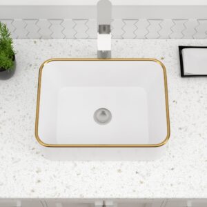 Dcolora Vessel Sink Rectangular 16"x12" White Vessel Sink with Gold Rim Ceramic Porcelain Rectangle Bathroom Sink Above Counter Vanity Sink Basin