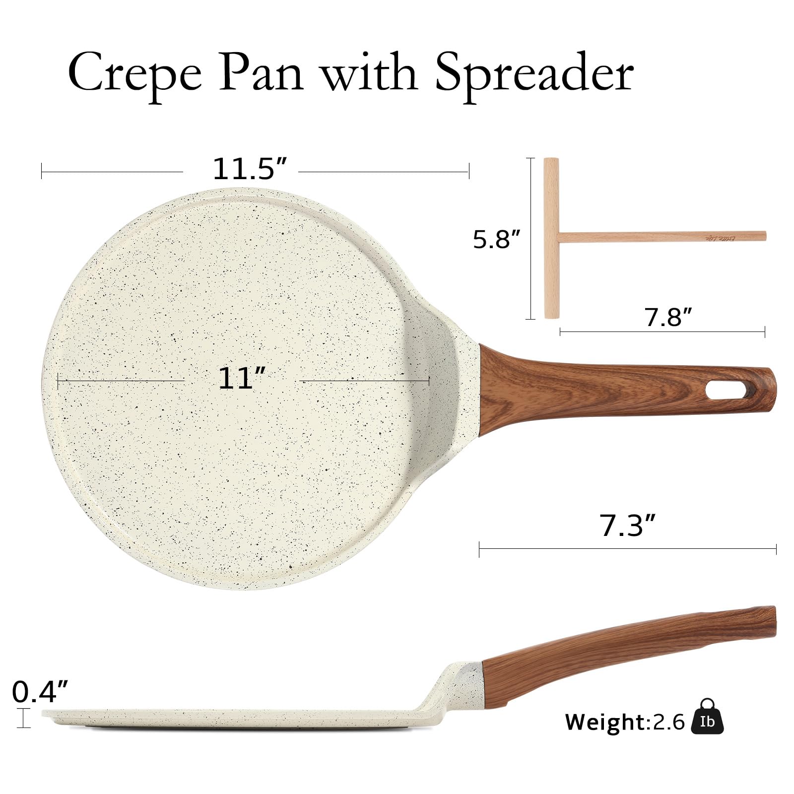 ESLITE LIFE Crepe Pan with Spreader, Nonstick Ceramic Coating Flat Skillet Tawa Dosa Tortilla Pan, PFOA Free (White, 11" w/spreader)