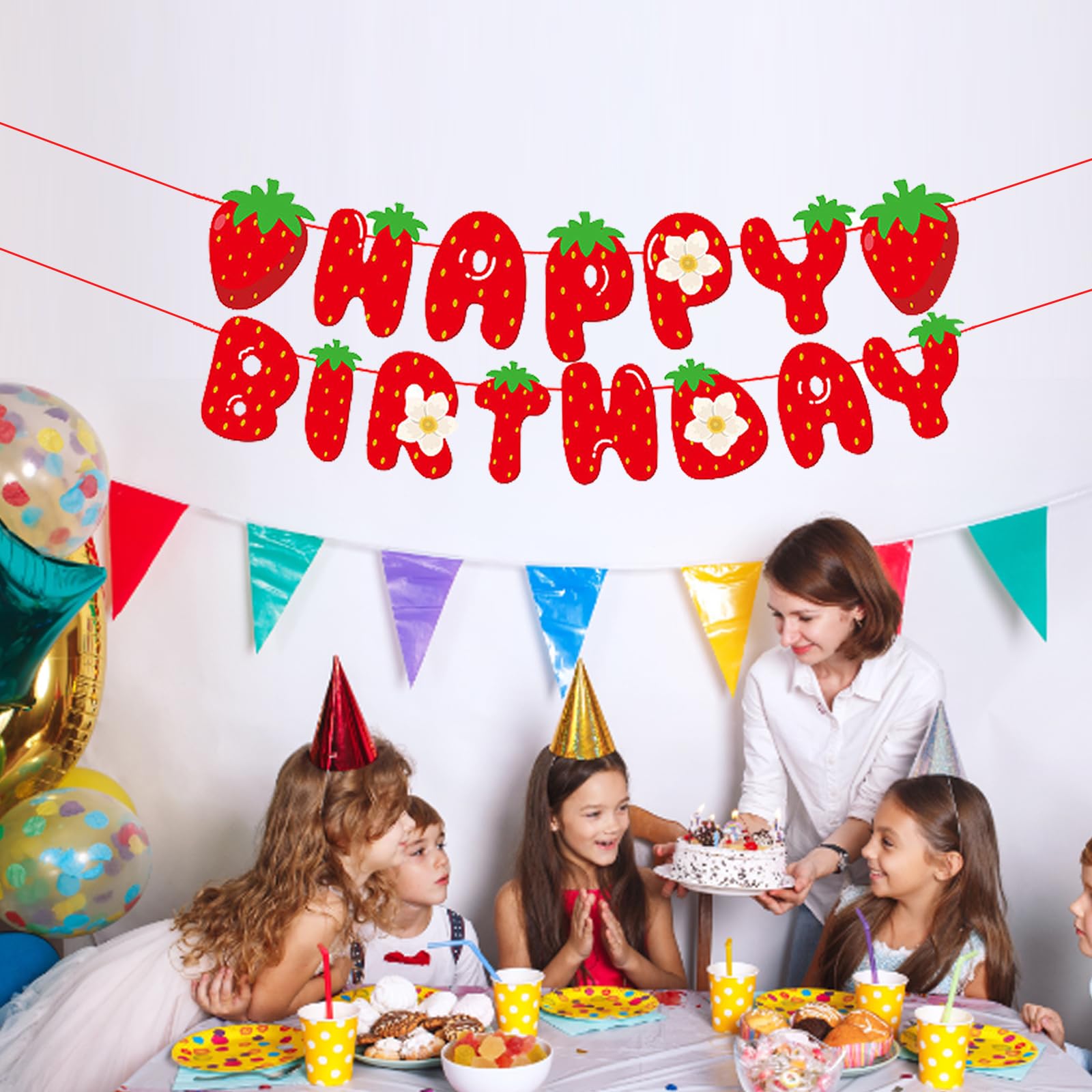 MEETINGU Strawberry Happy Birthday Banner, Strawberry Themed Birthday Party Decoration, Berry Sweet Girl Party Decoration