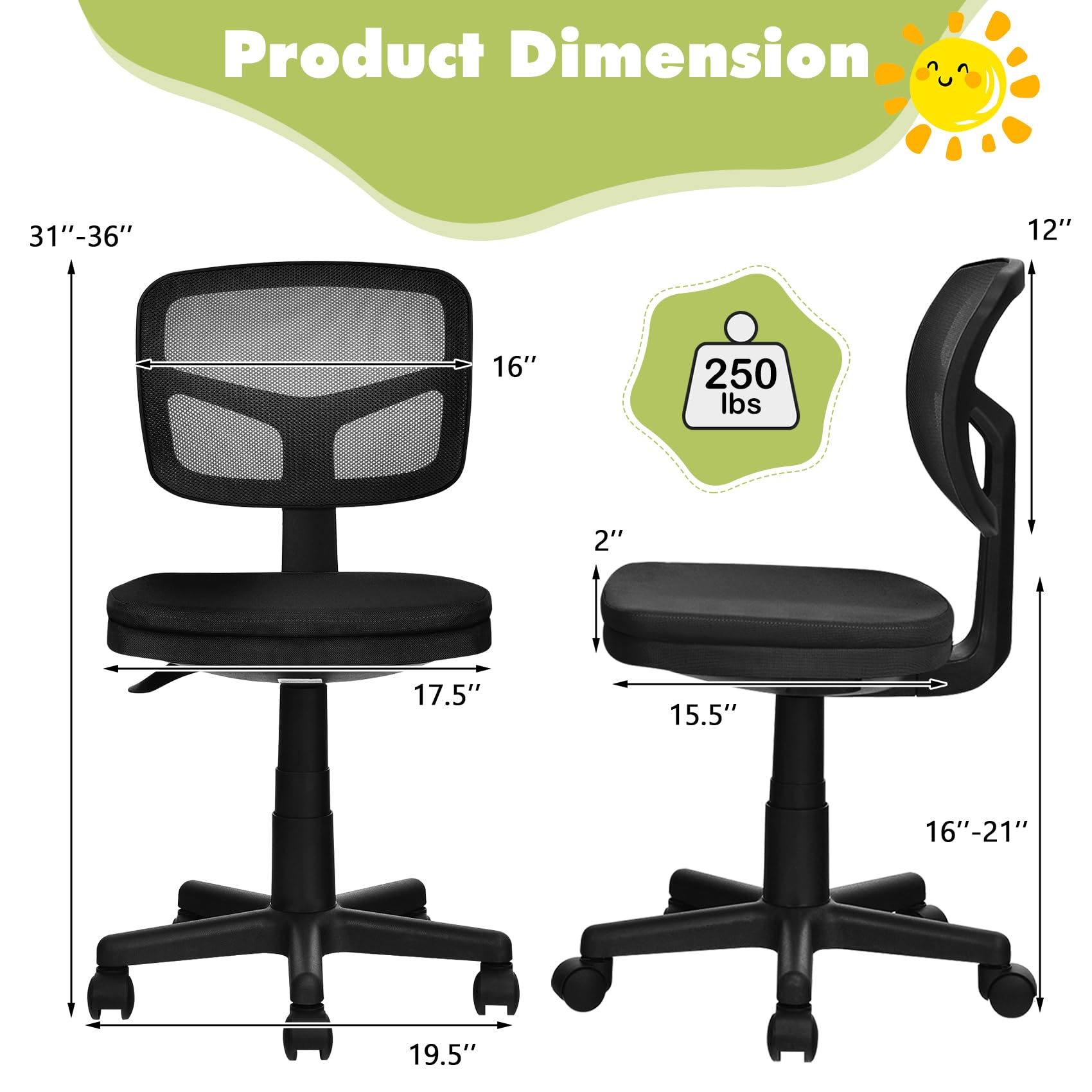 TOMANOR Kids Desk Chair - Armless Teens Girls Study Chair Small Kids Computer Chair Adjustable Swivel Mesh Task Chair for Home School Office Black