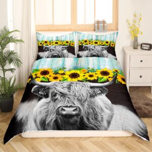 Erosebridal Highland Cow Flower Bedding Set 3 Pcs Rustic Farmstyle Comforter Cover Full, Yellow Sunflowers Duvet Cover Black Gray Cow Print Bedding Western Farm Wild Animal Highland Cattle Bedding