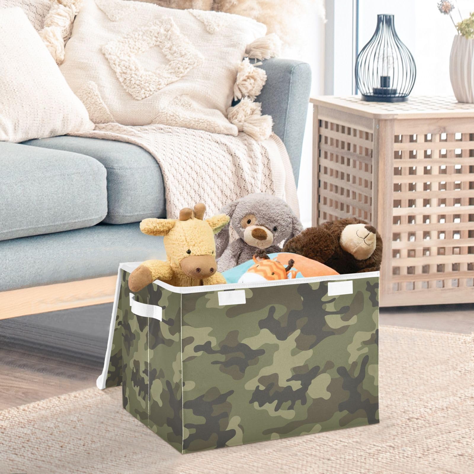 Joisal Army Camouflage Pattern Green Storage Bin with Lid Fabric Foldable Storage Boxes for Clothes with Handles