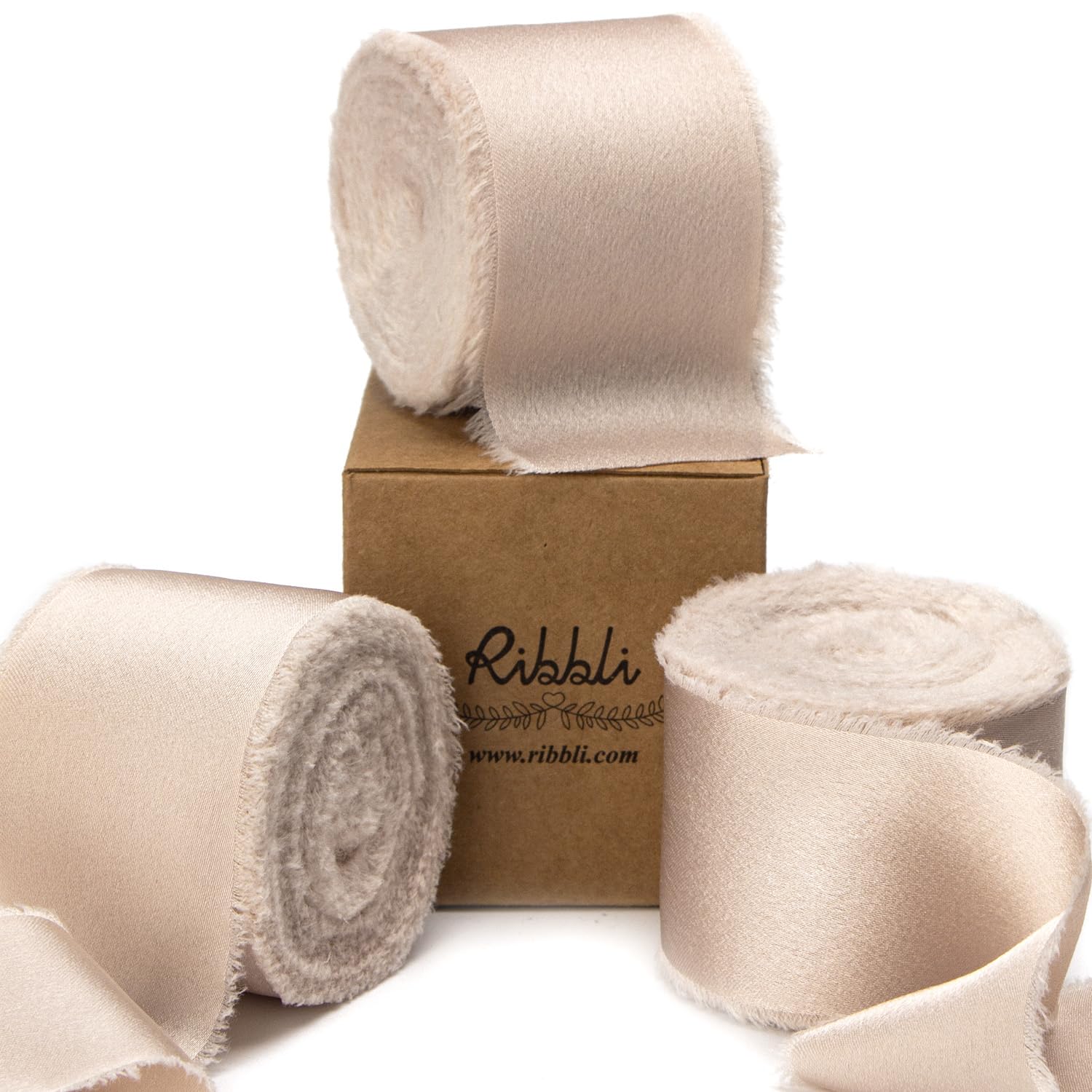 Ribbli Light Champagne Silk Satin Ribbon 1.5 Inch x 30 Yard Handmade Frayed Chiffon Champagne Ribbon for Gift Wrapping Wedding Invitations Bridal Bouquets Home Decor