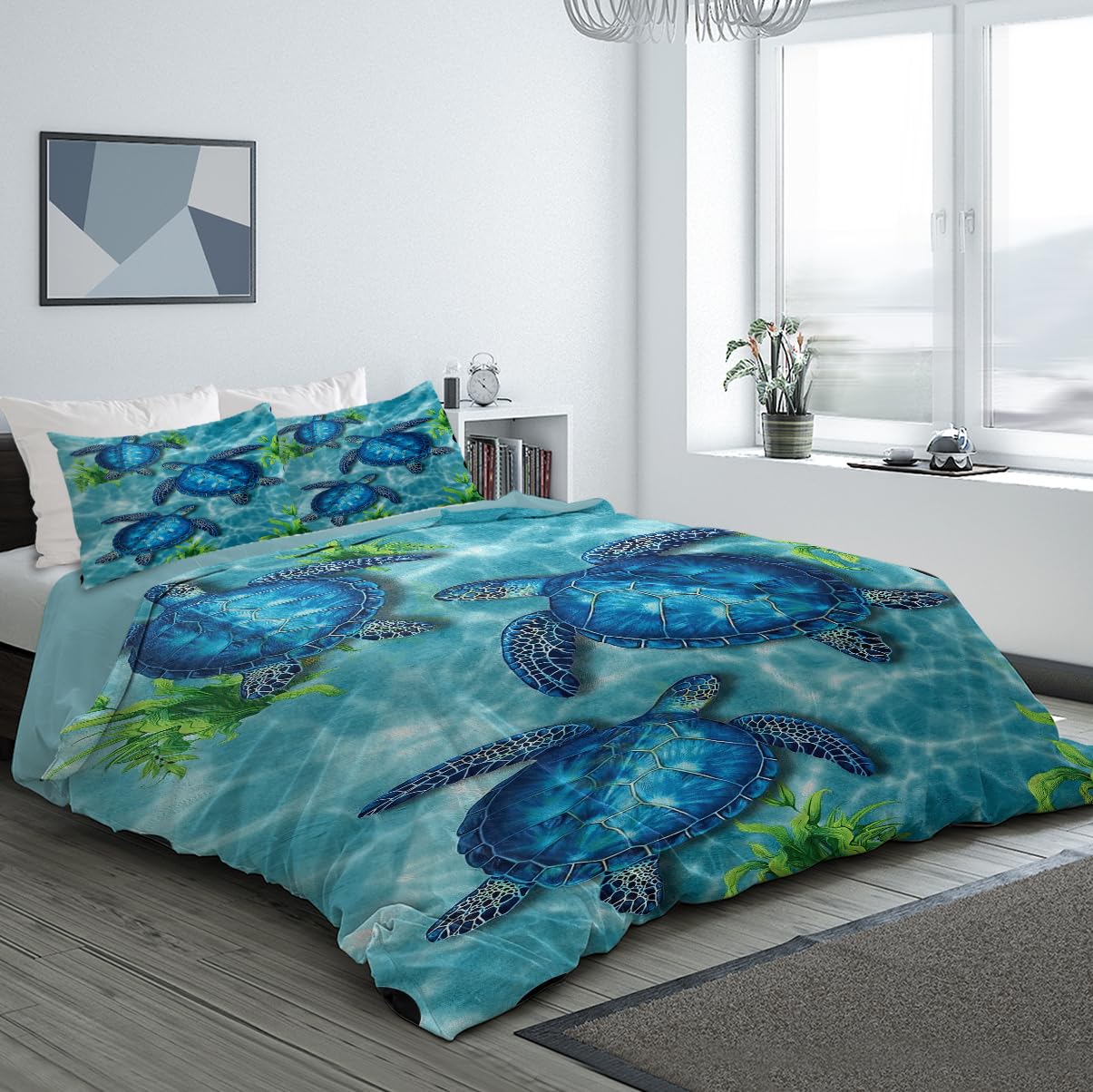 MILANKET Sea Turtle Duvet Cover Set, 100% Microfiber Blue Sea Turtle and Seaweed Pattern Bedding Set King Size, 3 Piece Ocean Turtle Themed Duvet Cover for Teens Boys and Girls