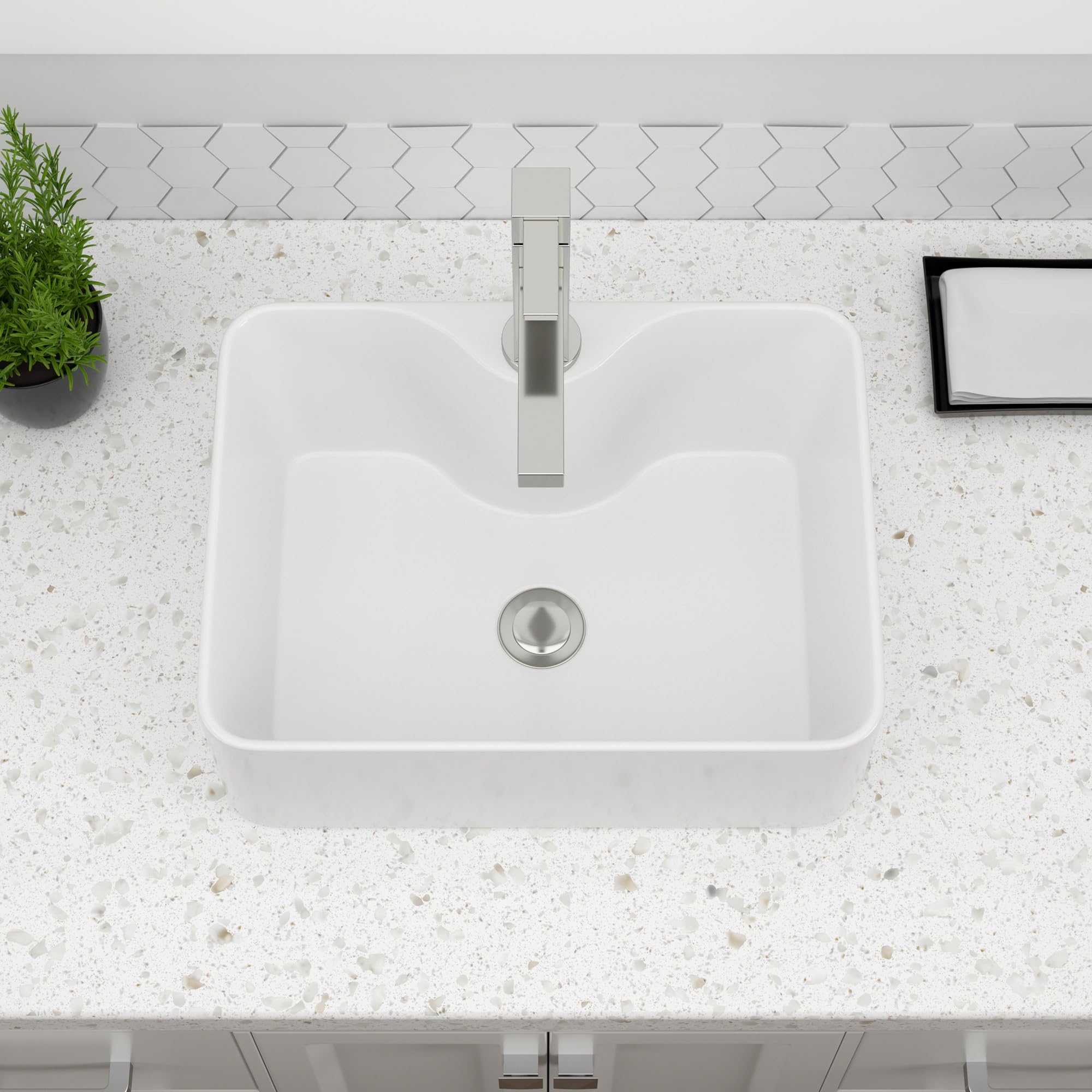 Vessel Sink Rectangular, Dcolora 16"x12" White Vessel Sink Ceramic Porcelain Rectangle Bathroom Vessel Sink Above Counter Vanity Sink Basin with Faucet Hole