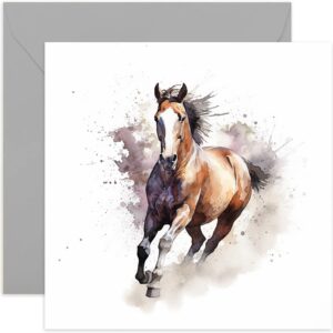 old english co. watercolour running horse greeting card for birthday - cute birthday card for mum, nan, her - wildlife art card for thinking of you, thank you, just because | blank inside envelope