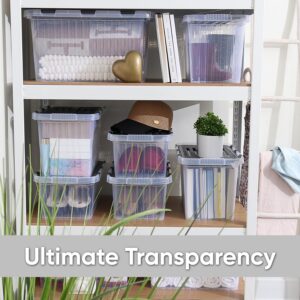 Superio Storage Box with Hinged Lids, Plastic Container Bins for Organizing with Attached Lid, Stackable Crates, BPA Free, Organizers for Home, Office, Dorm (Clear with Grey Lids, 15"x10"x7")