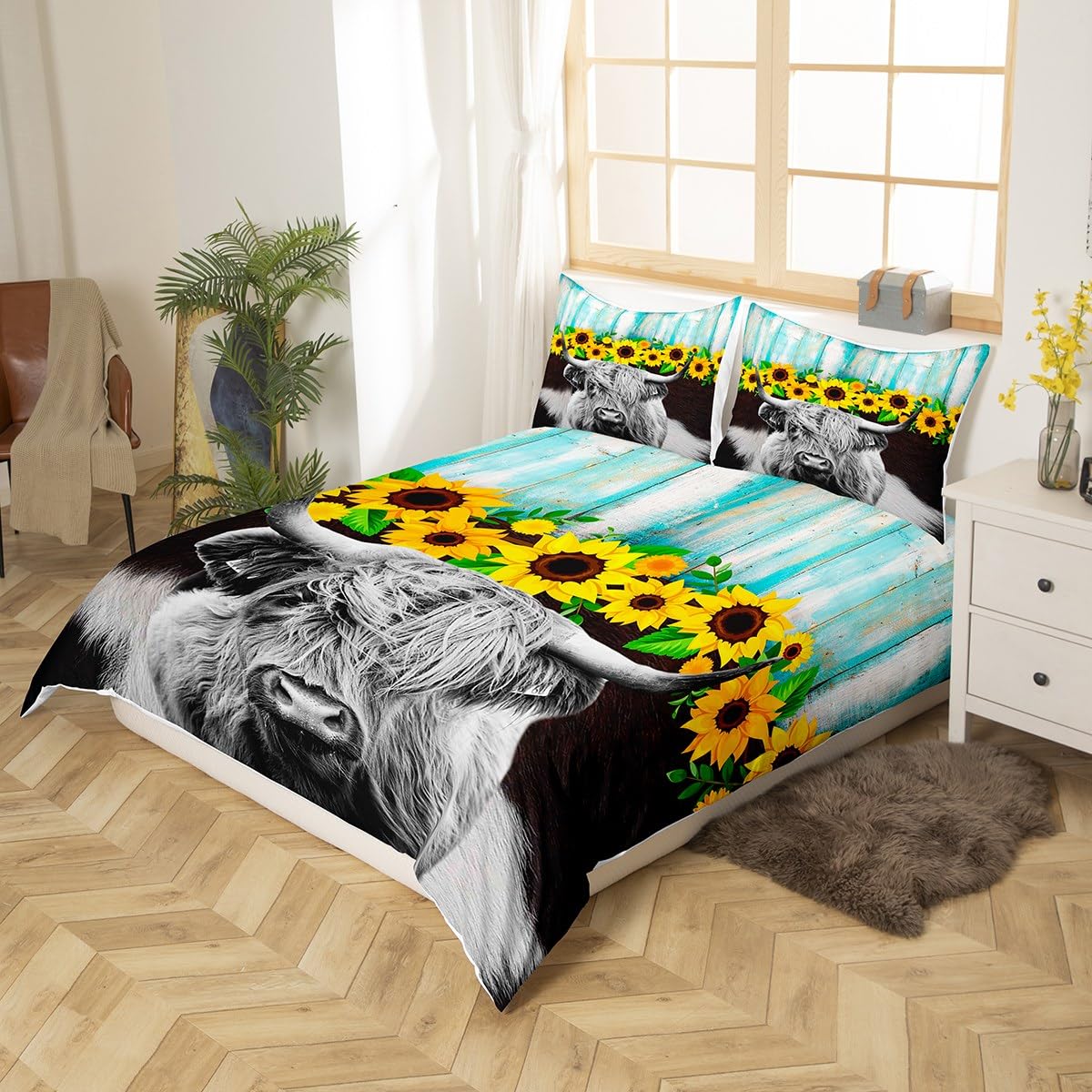 Erosebridal Highland Cow Flower Bedding Set 3 Pcs Rustic Farmstyle Comforter Cover Queen, Yellow Sunflowers Duvet Cover Black Gray Cow Print Bedding Western Farm Wild Animal Highland Cattle Bedding