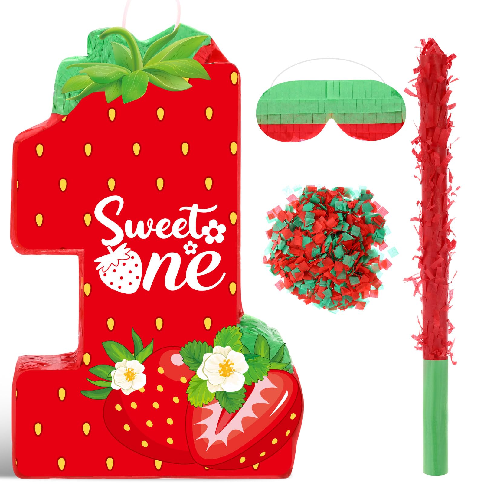 Aoriher Strawberry 1st Birthday piñata Strawberry piñata Summer Berry Strawberry piñata with stick Blindfold Mask Confetti for Girls Strawberry Theme Birthday Baby Shower Party Game Supplies Decor