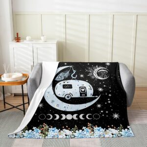 bohemian moon sun flannel blanket queen 90"x90",camper blue florals wild mushroom bed sofa couch blankets for kids adults,black galaxy starry sky breathable flannel plush blanket room decor