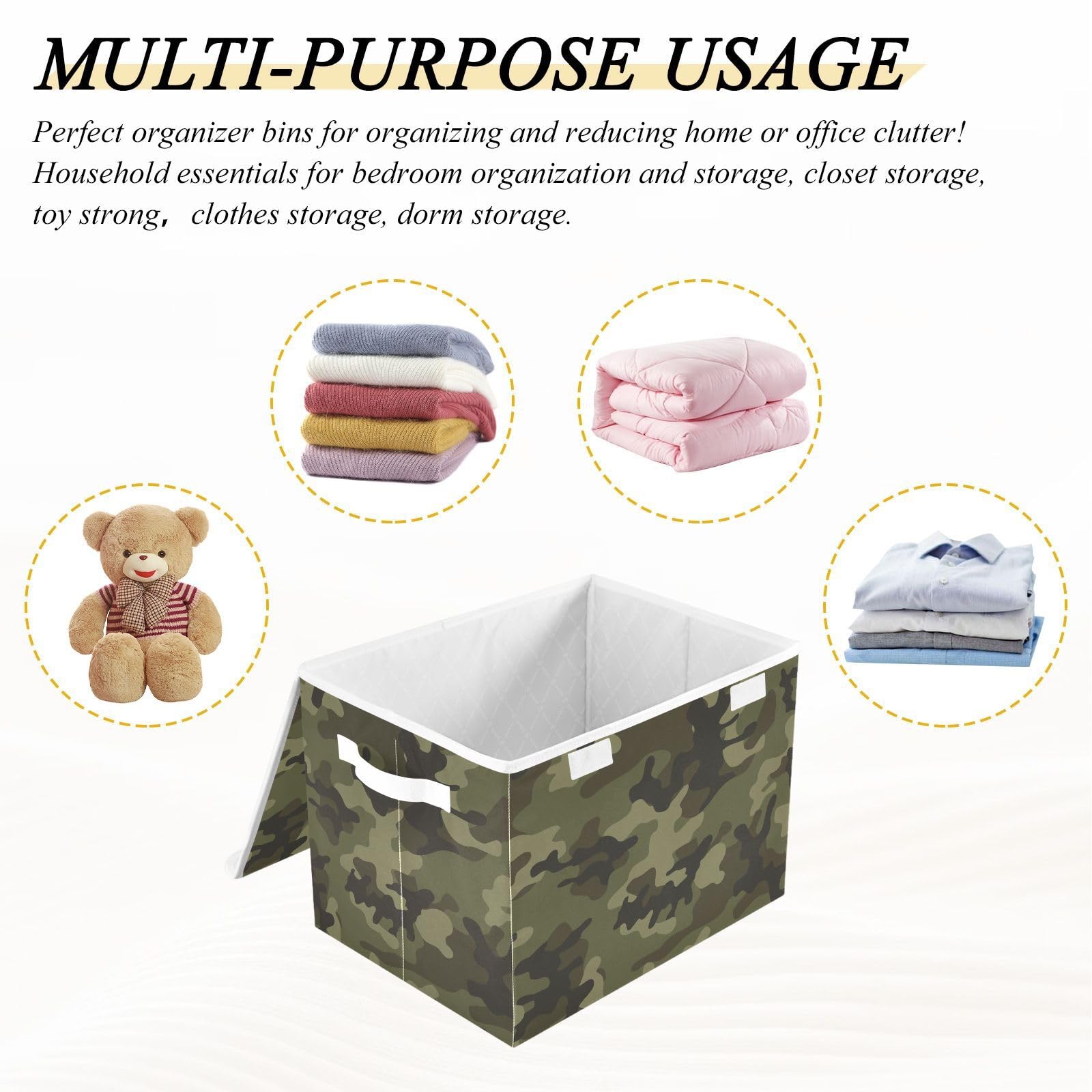 Joisal Army Camouflage Pattern Green Storage Bin with Lid Fabric Foldable Storage Boxes for Clothes with Handles