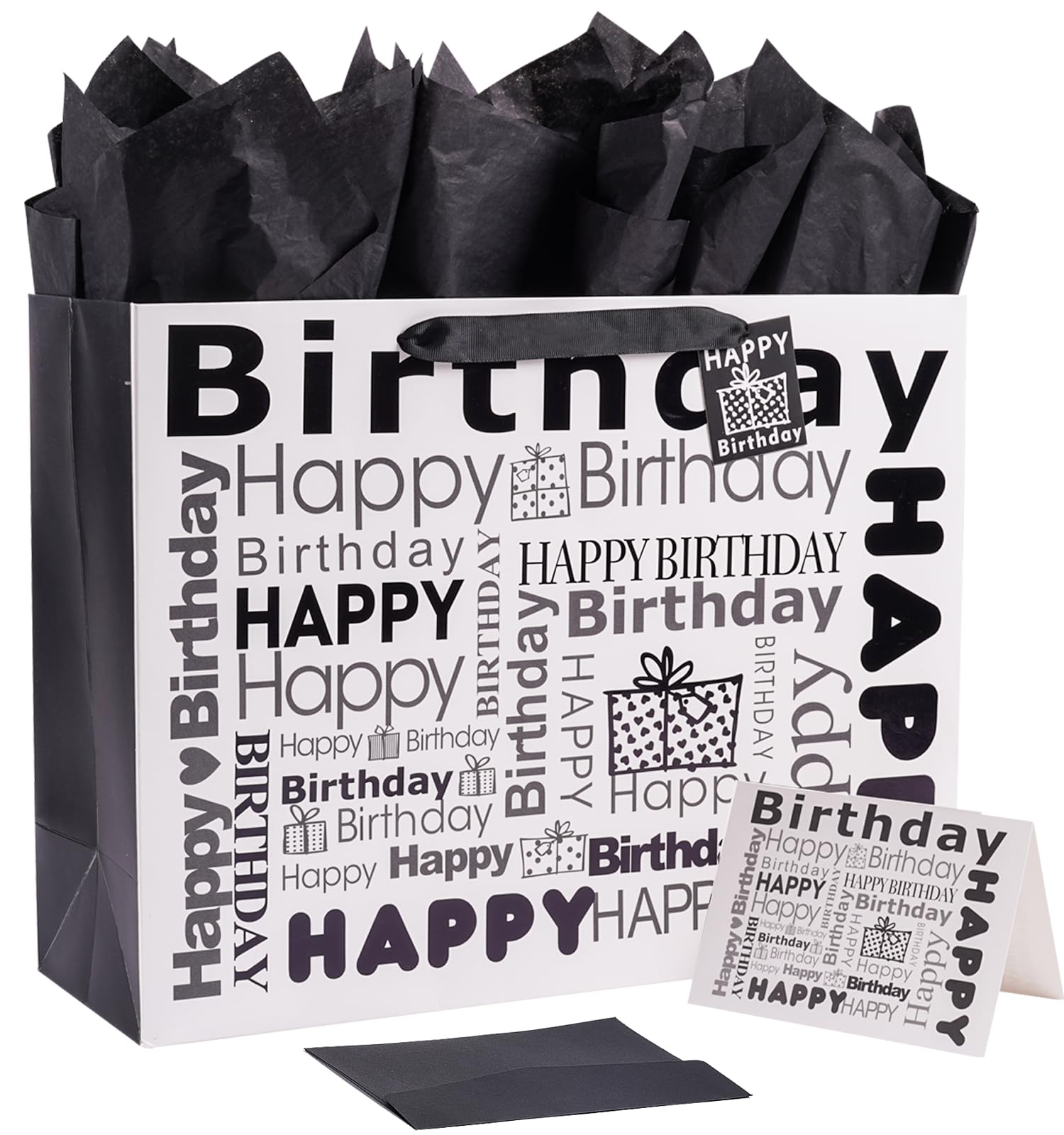 JWSCYSY White and Black 16" Extra Large Gift Bag with Tissue Paper and Card, Happy Bithday Gift Bag for Men Women Birthday - 16" x 12.2" x 5.5", 1 Pcs