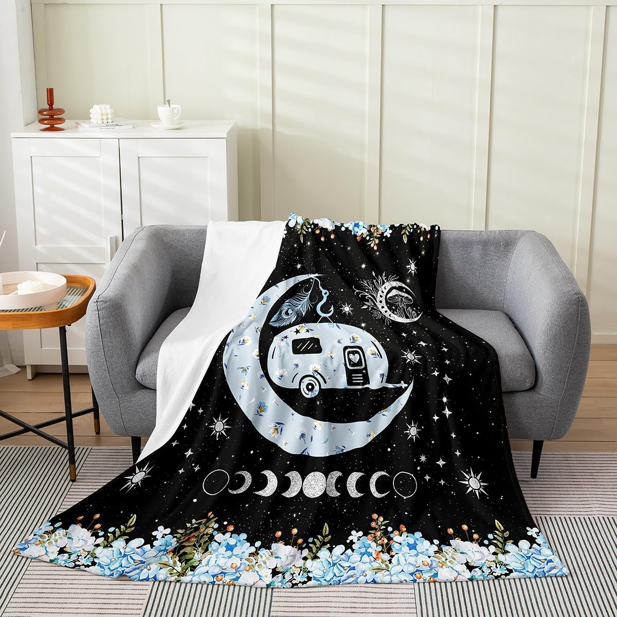 Bohemian Moon Sun Flannel Blanket Queen 90"x90",Camper Blue Florals Wild Mushroom Bed Sofa Couch Blankets for Kids Adults,Black Galaxy Starry Sky Breathable Flannel Plush Blanket Room Decor