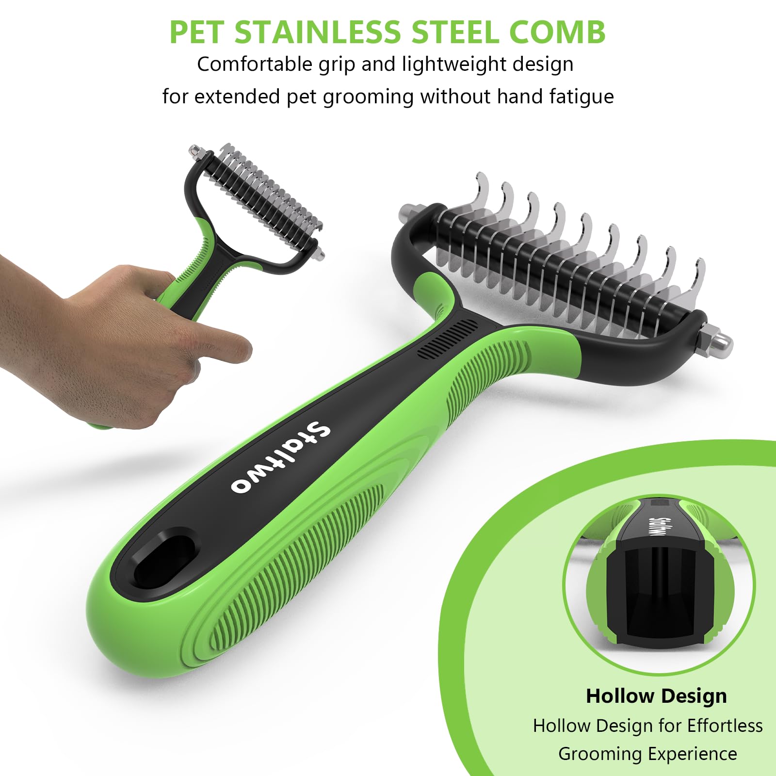 STALTWO Pet Grooming Supplies - 2-in-1 Professional Undercoat Rake and Pet Brush | Shedding Control for Long Haired Dogs and Cats, Deshedding Tool, Furminator for Dogs, Green