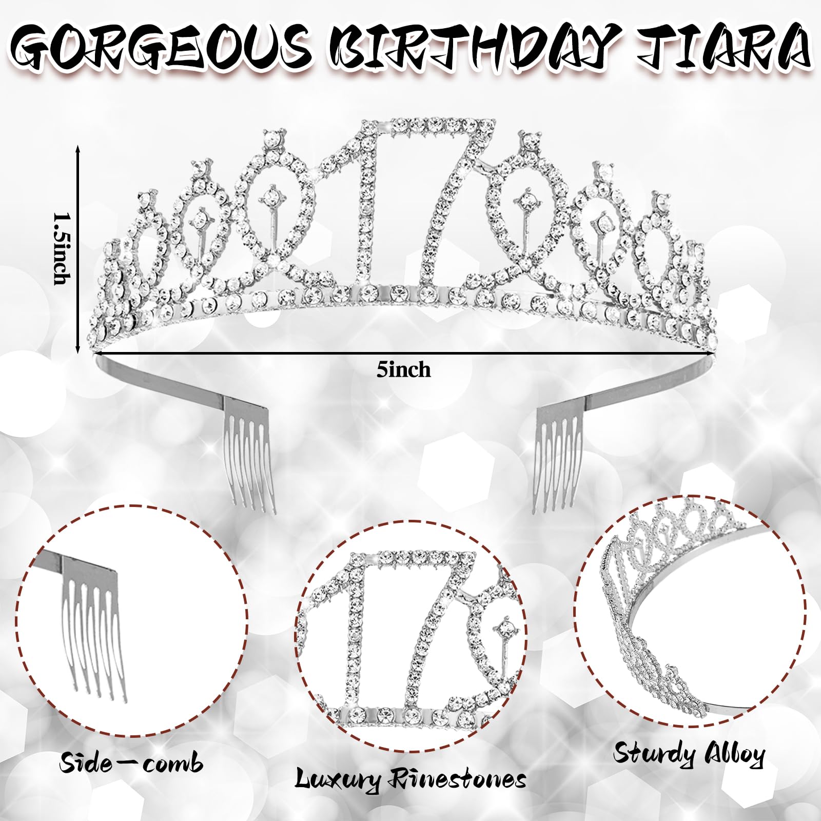 Crowye 17th Dancing Queen Gifts Dancing Queen 17 Cake Topper 17th Tiara Crown Sash Candles 17 Birthday Decorations for Party Accessories(Silver)