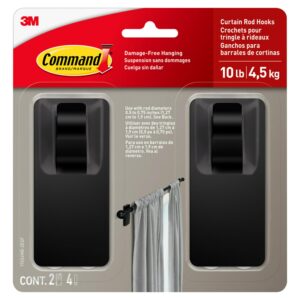 Command 10 lb Matte Black Curtain Rod Hooks, 2 Hooks and 4 Command Strips, Damage Free Curtain Hooks for Hanging Curtain Rods with Adhesive Strips, No Drilling Christmas Decorations