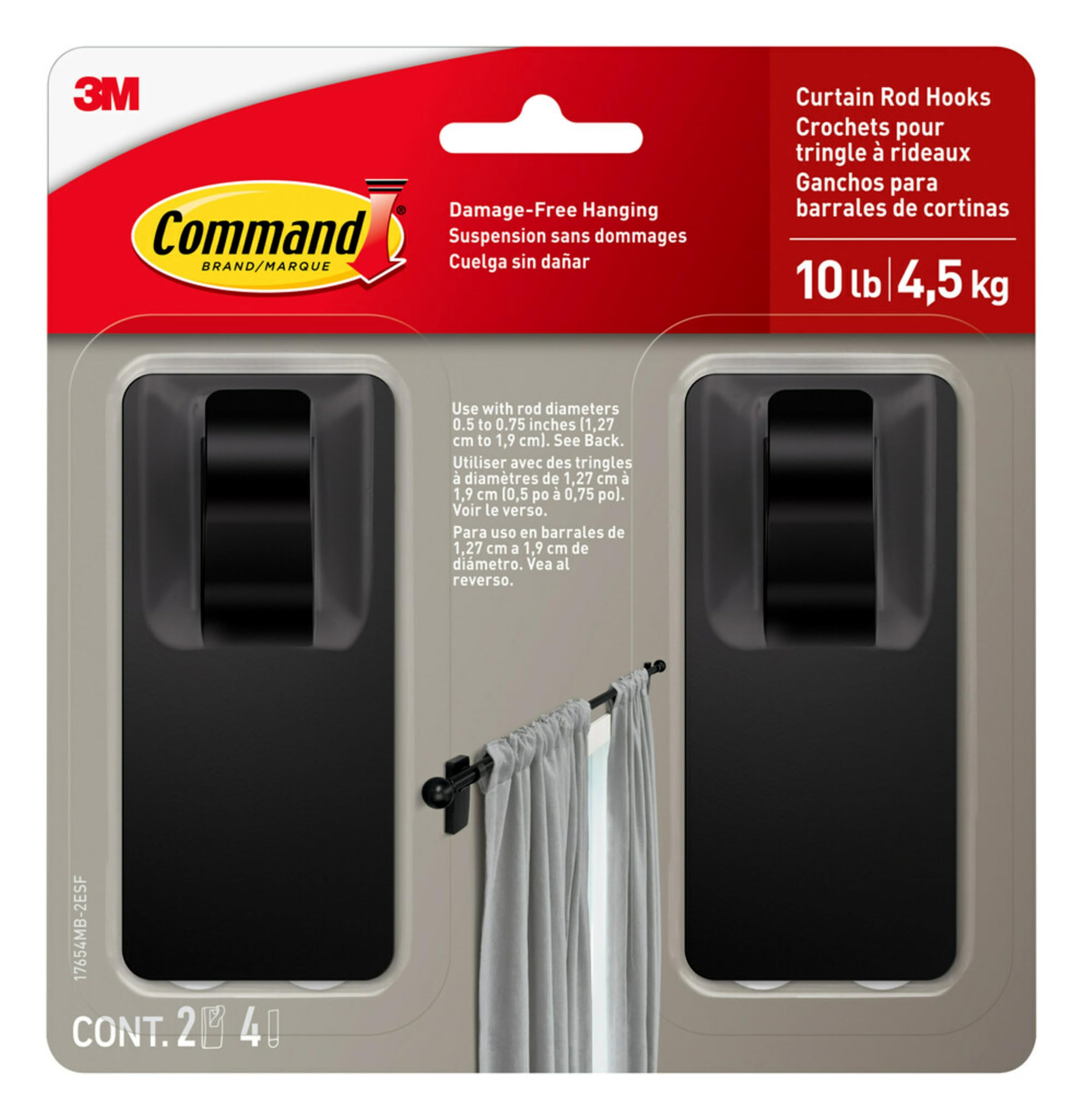 Command 10 lb Matte Black Curtain Rod Hooks, 2 Hooks and 4 Command Strips, Damage Free Curtain Hooks for Hanging Curtain Rods with Adhesive Strips, No Drilling Christmas Decorations