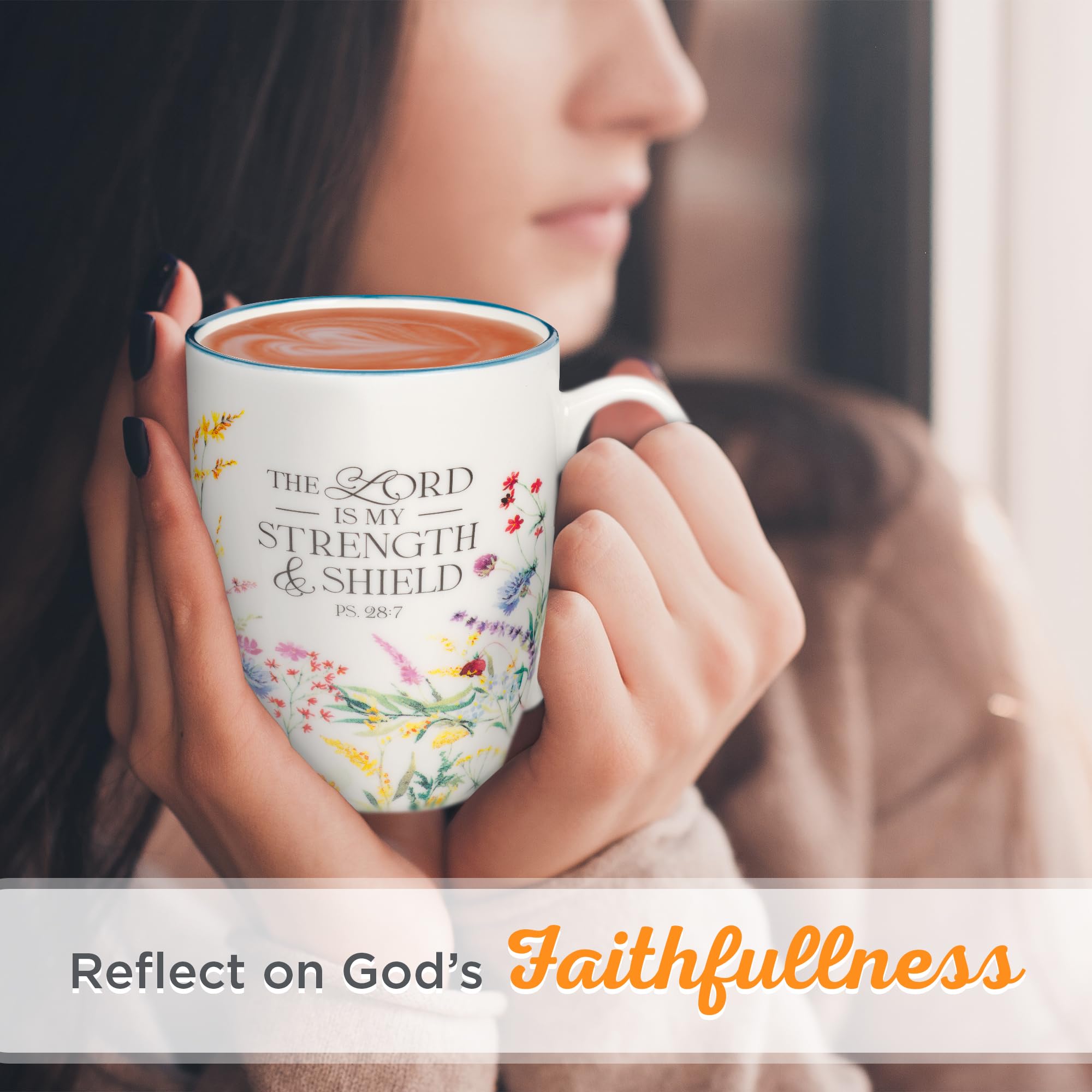 Christian Art Gifts Inspirational Ceramic Coffee & Tea Scripture Mug for Women: Lord is My Strength Encouraging Bible Verse Psalm, Cute Microwave & Dishwasher Safe Cup, White Multicolor Floral, 12 oz.