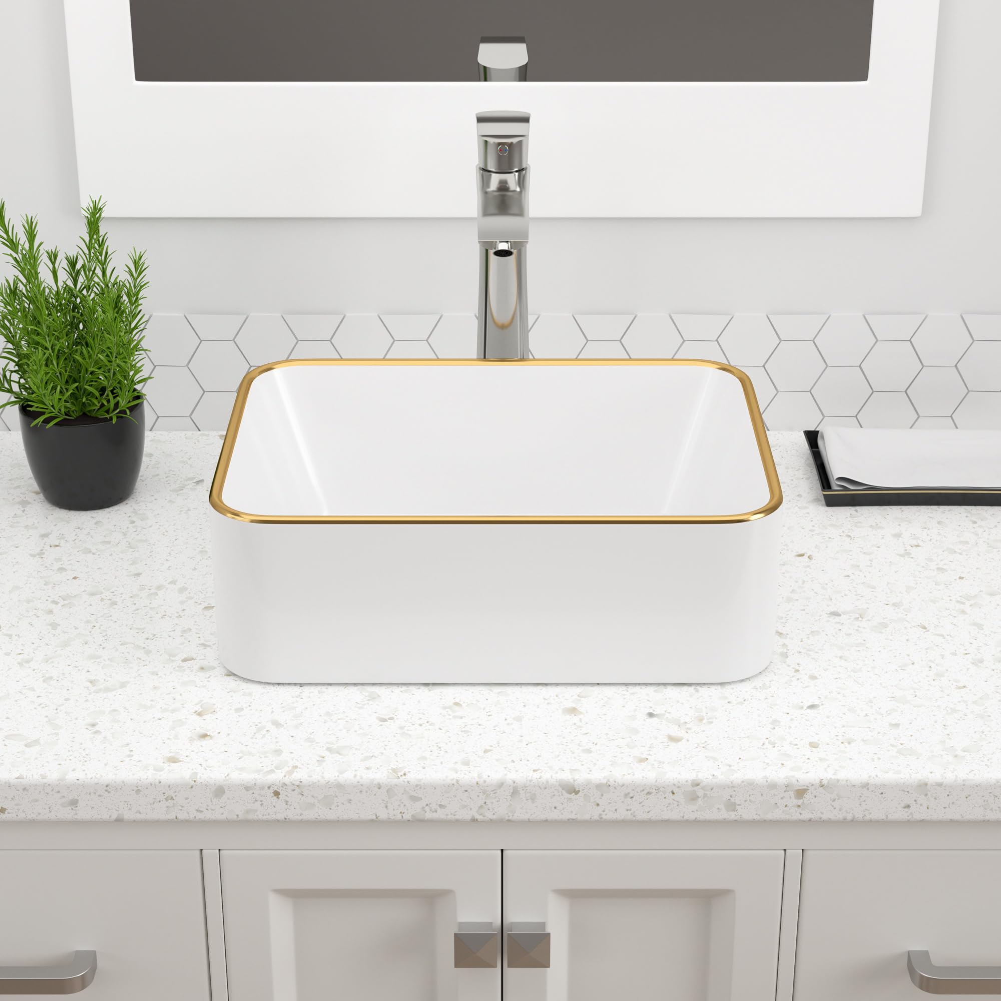 Dcolora Vessel Sink Rectangular 16"x12" White Vessel Sink with Gold Rim Ceramic Porcelain Rectangle Bathroom Sink Above Counter Vanity Sink Basin