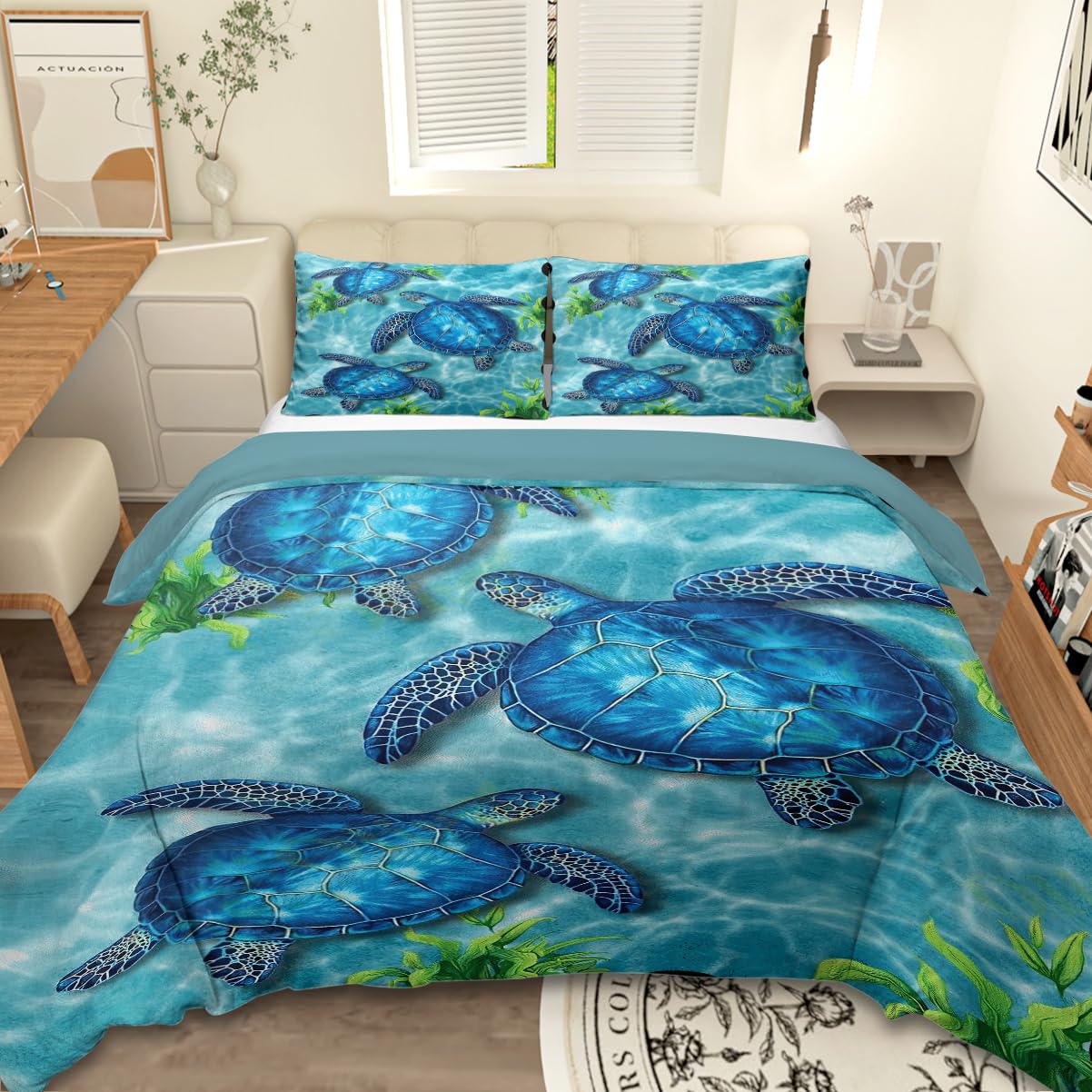 MILANKET Sea Turtle Duvet Cover Set, 100% Microfiber Blue Sea Turtle and Seaweed Pattern Bedding Set King Size, 3 Piece Ocean Turtle Themed Duvet Cover for Teens Boys and Girls