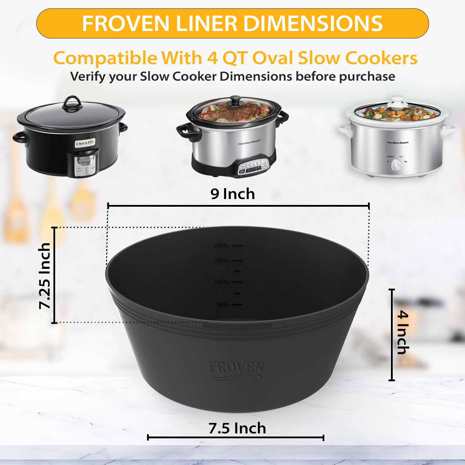 FROVEN 4QT Oval Silicone Slow Cooker Liner Compatible With Crock Pot & Hamilton Beach Crockpot Liners, Reusable, Dishwasher Safe Suitable For Most 4 Quart Crockpot Divider Insert Accessories.