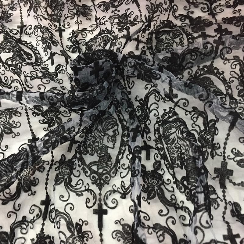 55 Inch Lace Fabric Soft Black Skull Lace Fabric Cross Tulle Fabric Floral Lace Fabric for DIY Dress Top Dress Sew,Party Overlay,Curtains,Tablecloth,Halloween Decor (Black (2 Yard))