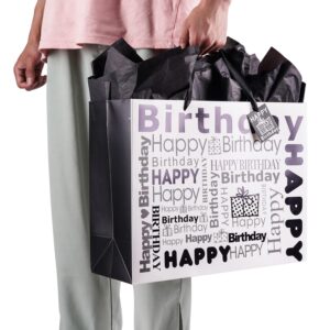 JWSCYSY White and Black 16" Extra Large Gift Bag with Tissue Paper and Card, Happy Bithday Gift Bag for Men Women Birthday - 16" x 12.2" x 5.5", 1 Pcs