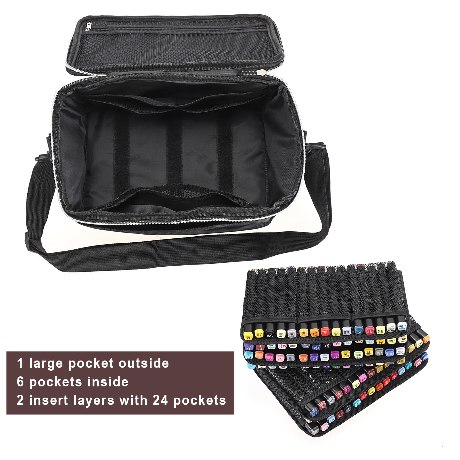 BTSKY Multifunction Marker Storage Organizer Marker Holder for 120 Markers- Zippered Canvas Pen Bag Pencil Bag with Carrying Handle, Adjustable Strap& Removable Sleeves Versatile Art Bag for Supplies