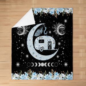 Bohemian Moon Sun Flannel Blanket Queen 90"x90",Camper Blue Florals Wild Mushroom Bed Sofa Couch Blankets for Kids Adults,Black Galaxy Starry Sky Breathable Flannel Plush Blanket Room Decor