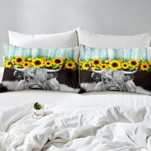 Erosebridal Highland Cow Flower Bedding Set 3 Pcs Rustic Farmstyle Comforter Cover Full, Yellow Sunflowers Duvet Cover Black Gray Cow Print Bedding Western Farm Wild Animal Highland Cattle Bedding