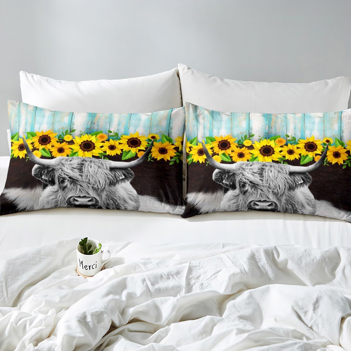 Erosebridal Highland Cow Flower Bedding Set 3 Pcs Rustic Farmstyle Comforter Cover Full, Yellow Sunflowers Duvet Cover Black Gray Cow Print Bedding Western Farm Wild Animal Highland Cattle Bedding