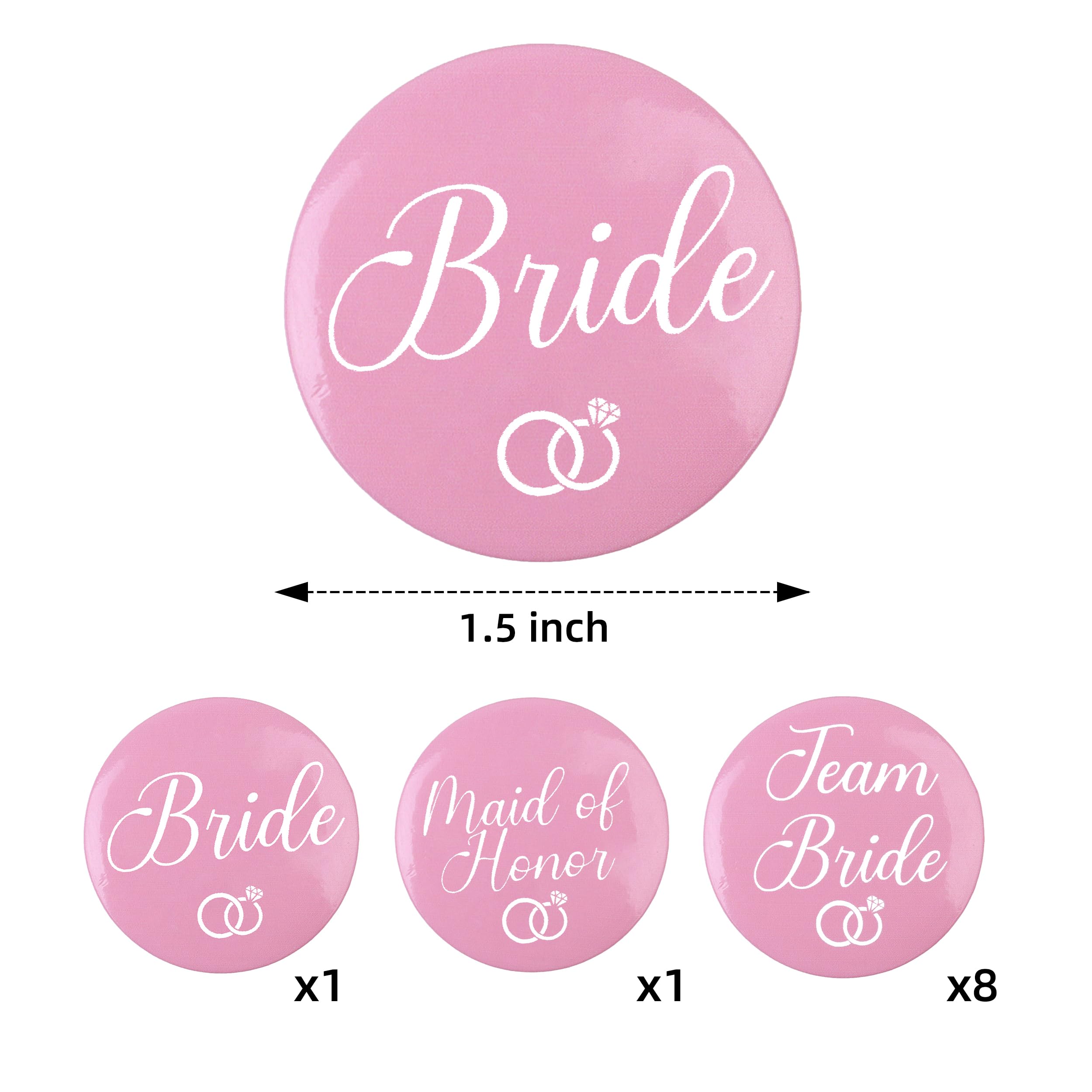 Team Bride Buttons - (1) Bride, (1) Maid of Honor, & (8) Team Bride Button | Bachelorette Party Bride Squad Buttons Favors Supplies Decoration Favor Kit Gifts Bridal Party Pins Wedding Set Gift (Pink)