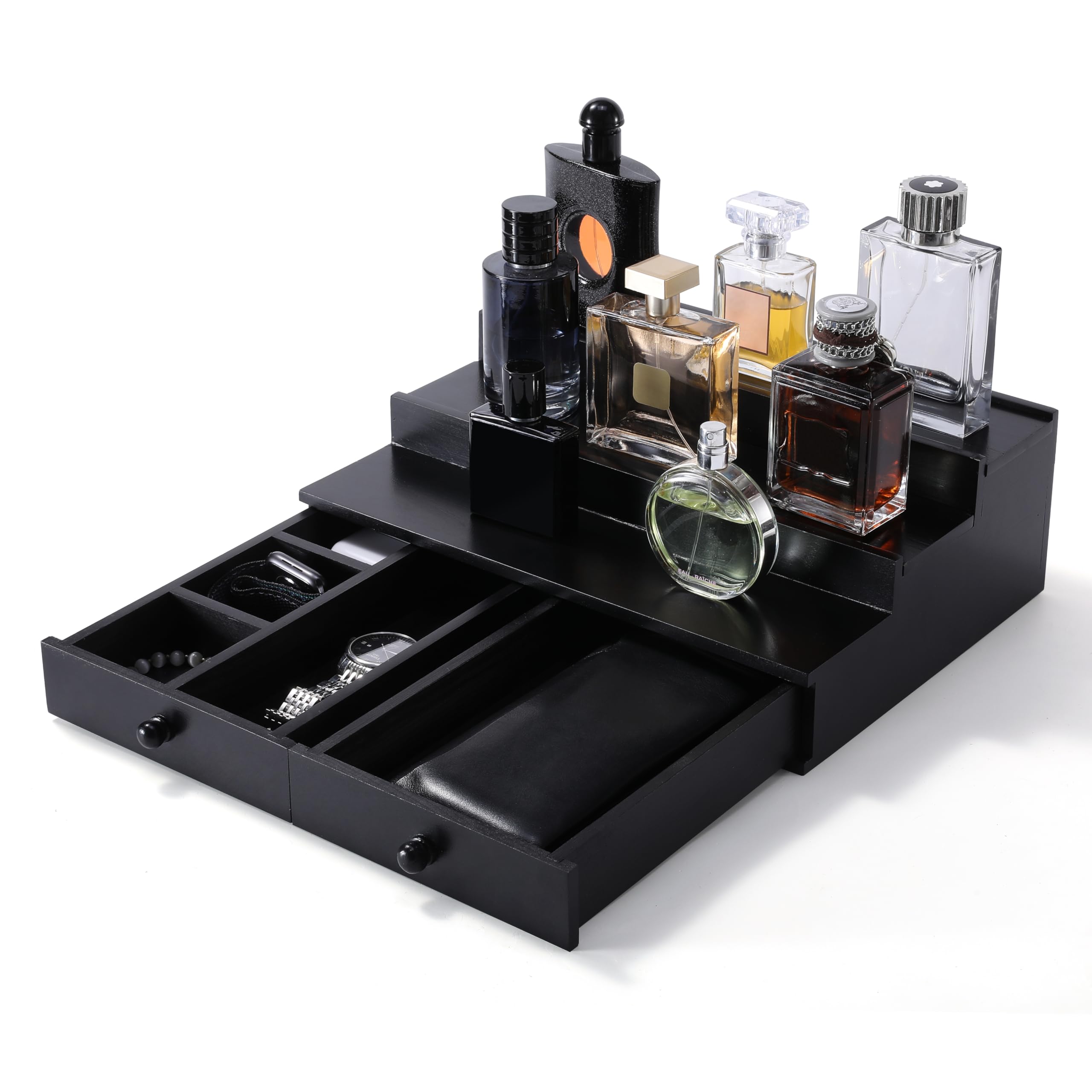 Boulphia Cologne Organizer for Men, 3-Tier Cologne Stand with Drawer and Hidden Compartment, Wooden Cologne Shelf for Perfume Display Holder, Great Gift for Men, Black