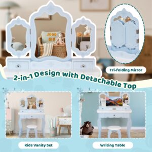 BRINJOY Kids Vanity Set, 2-in-1 Wooden Makeup Table & Stool w/Detachable Tri-fold Mirror, Pretend Play Princess Dressing Table w/Drawer&Accessories, Children Beauty Vanity Set for Girls 3+, Blue