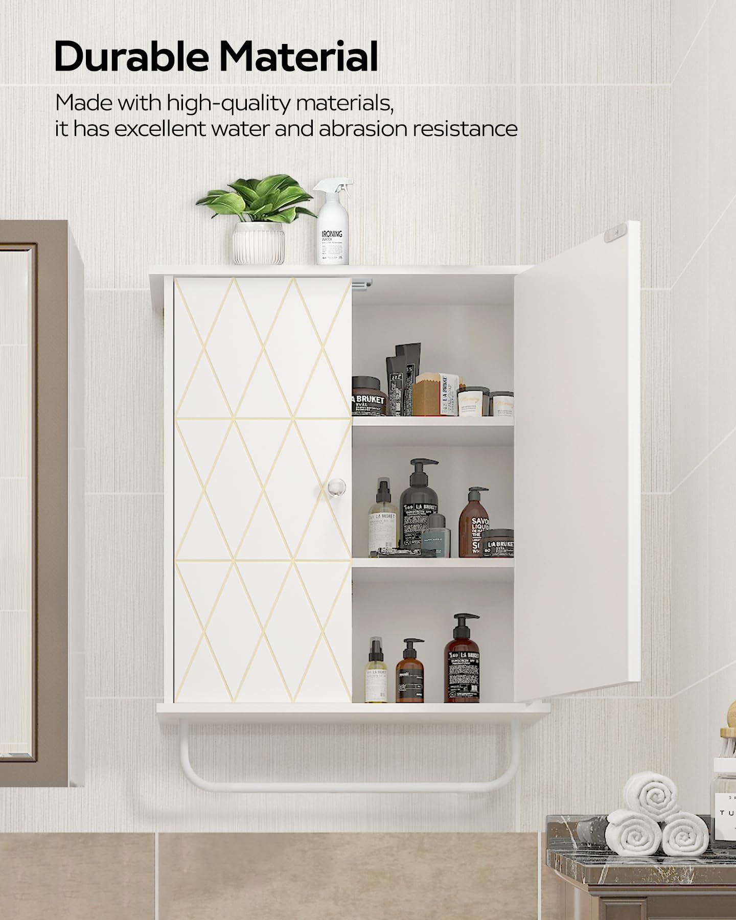 Bathroom Wall Cabinet Storage Cabinet Above Toilet, Bathroom Cabinet with Gold Decoration, Adjustable Shelves, Medicine Cabinet, and Space Saving Medicine Cabinet in The Living Room Cabinet White