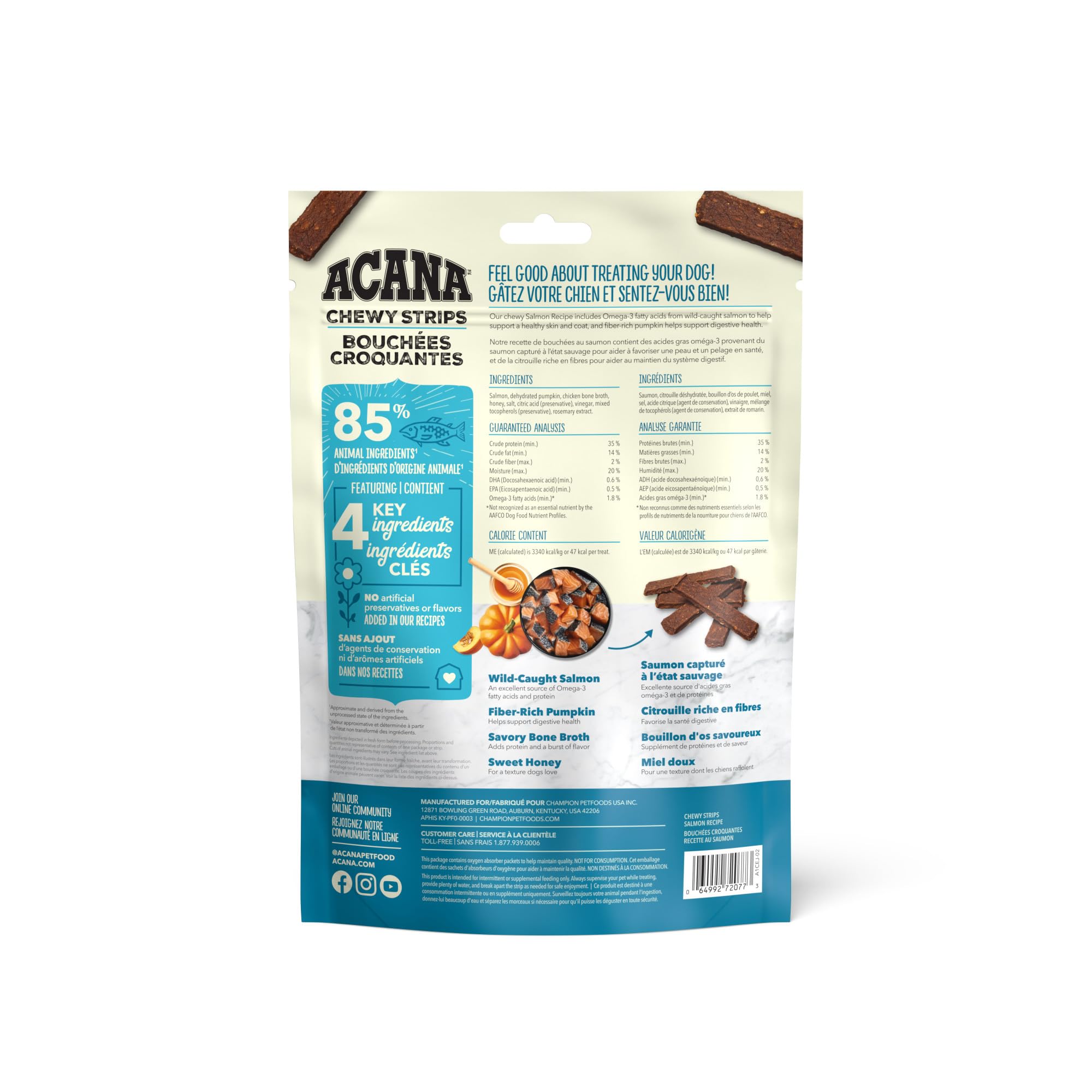 ACANA Chewy Strips Dog Treats, Salmon, High Protein Dog Treats, 4oz